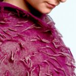 Aubergine tassel scarf knitted, felted printed